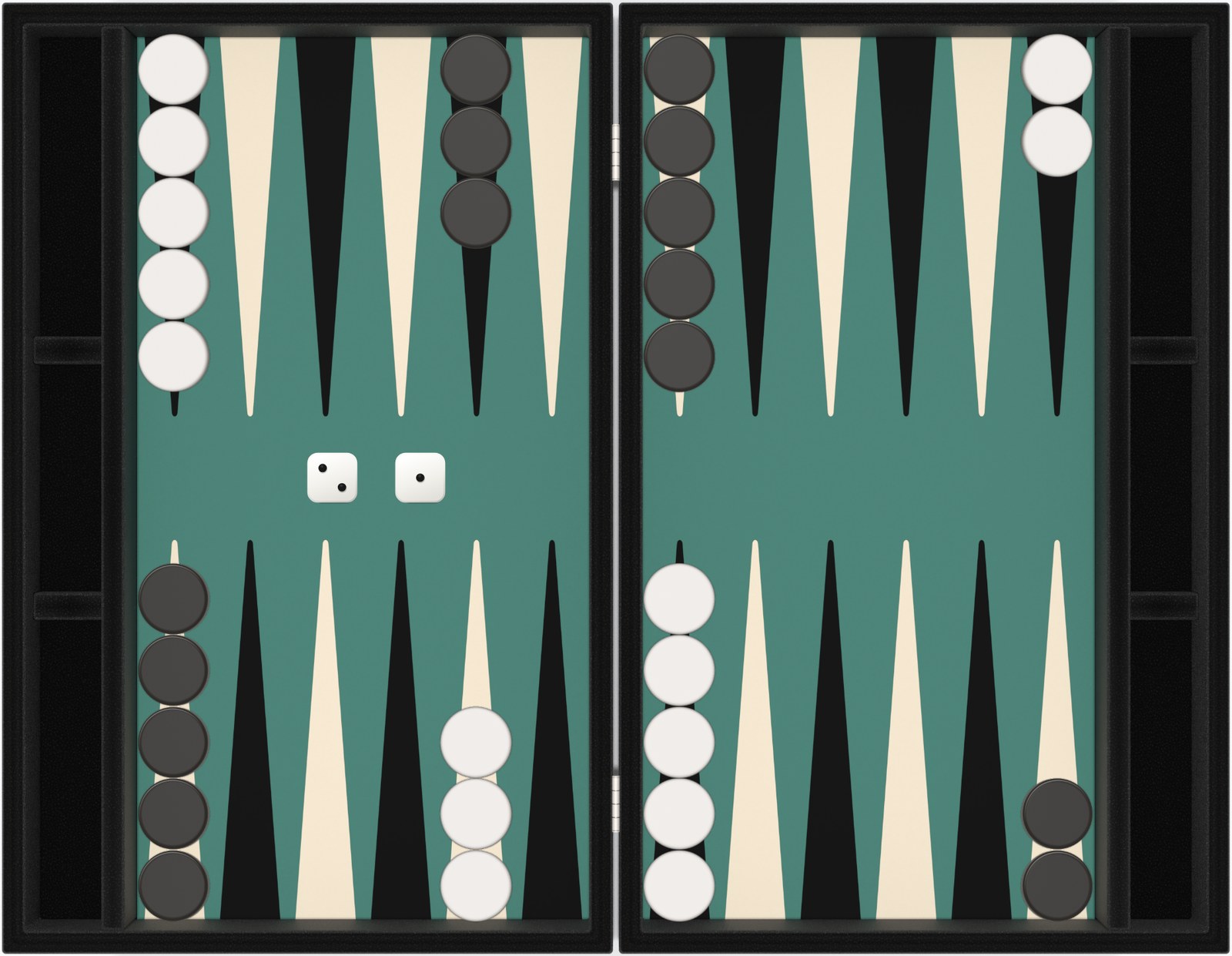 The Tuxedo backgammon board: a black case with green felt, cream and black points, and ivory and charcoal checkers.